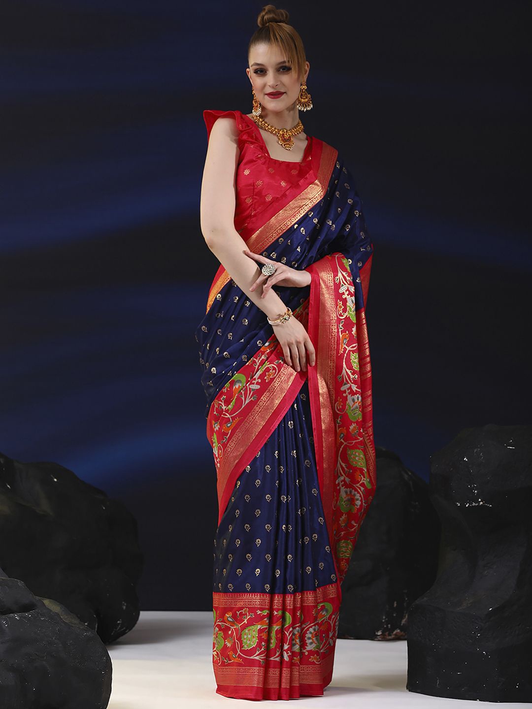 

Anouk Rustic Kalamkari Zari Silk Blend Bagh Saree, Navy blue