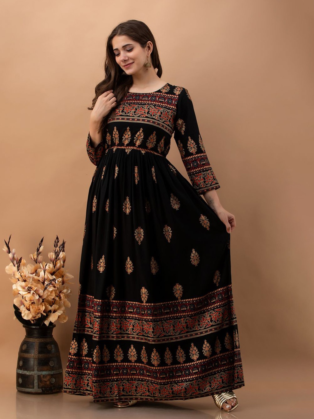 

Metronaut Print Fit & Flare Maxi Dress, Black