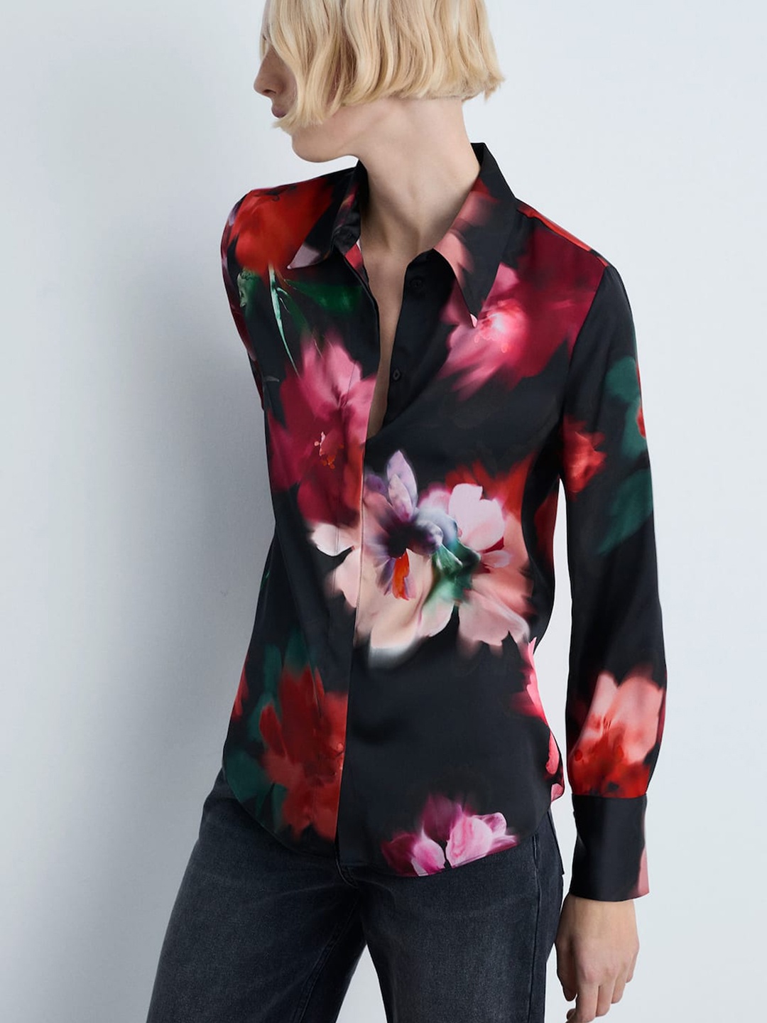 

MANGO Floral Print Satin-Finish Shirt, Black