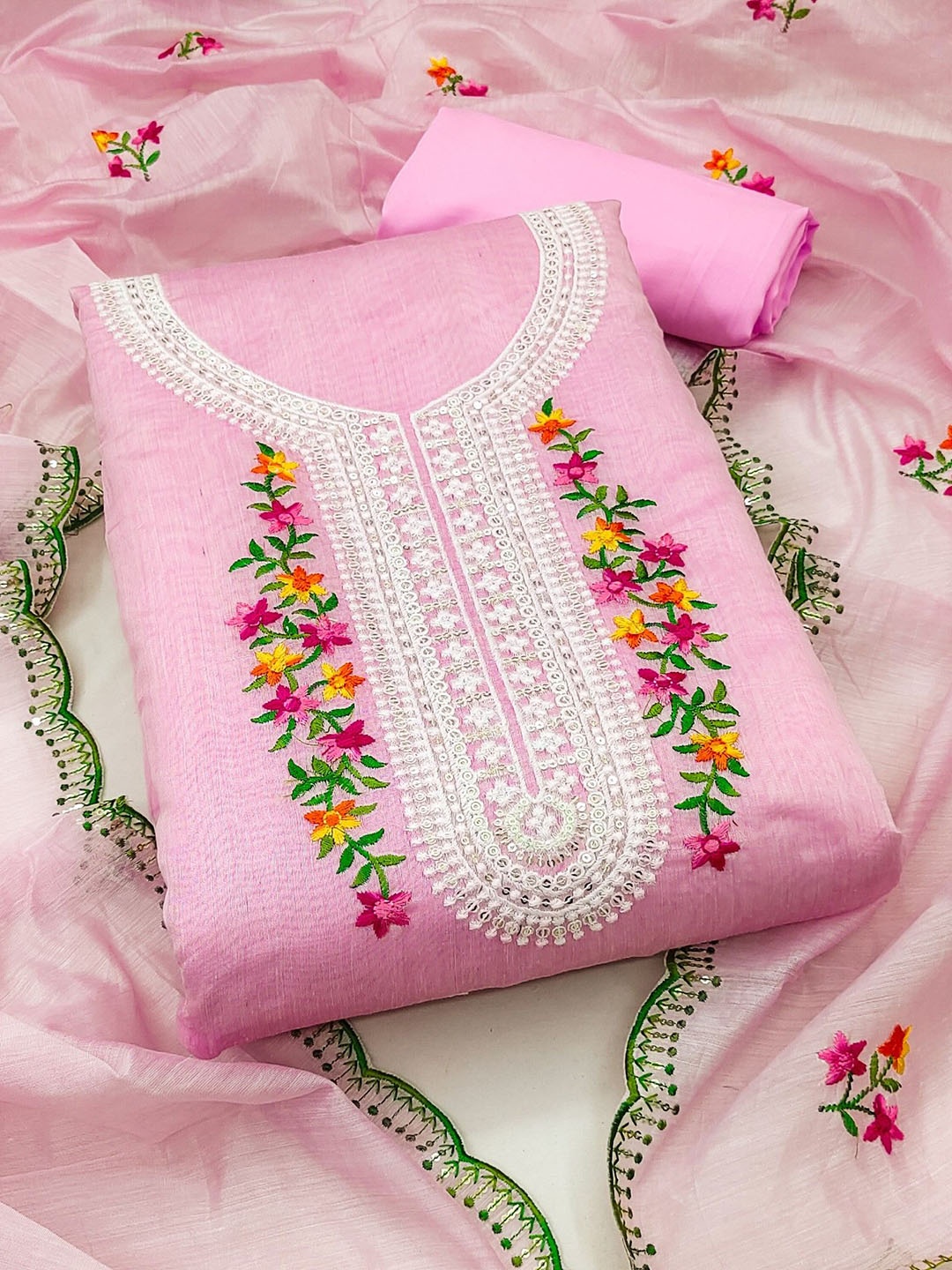 

Rangtulika Ethnics Motifs Embroidered Thread Work Unstitched Dress Material, Pink