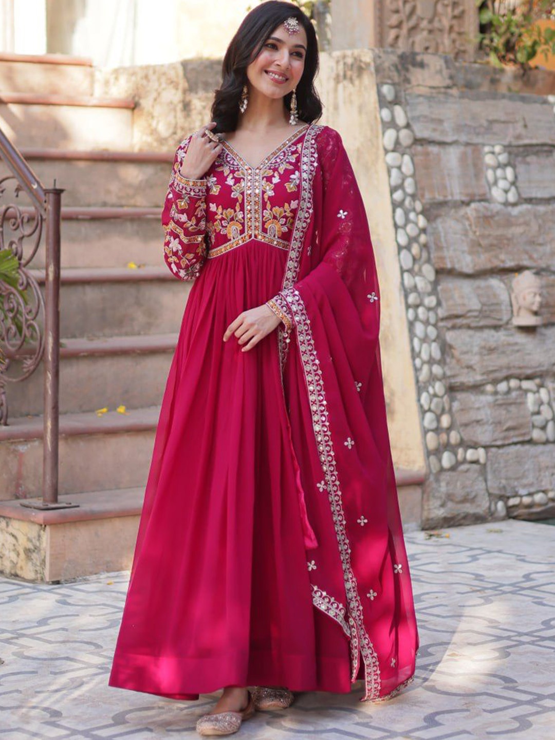 

FVD Women Embroidered Regular Kurta with Trousers & With Dupatta, Red