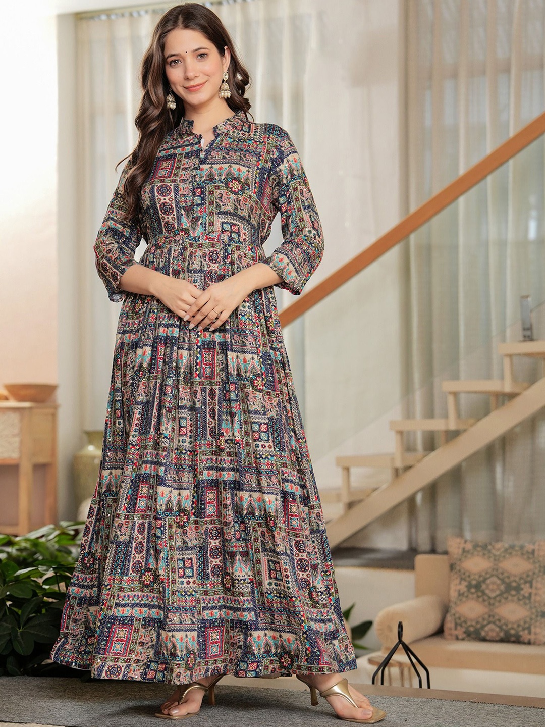 

PARTHVI Floral Printed Mandarin Collar Fit and Flare Ethnic Dresses, Navy blue