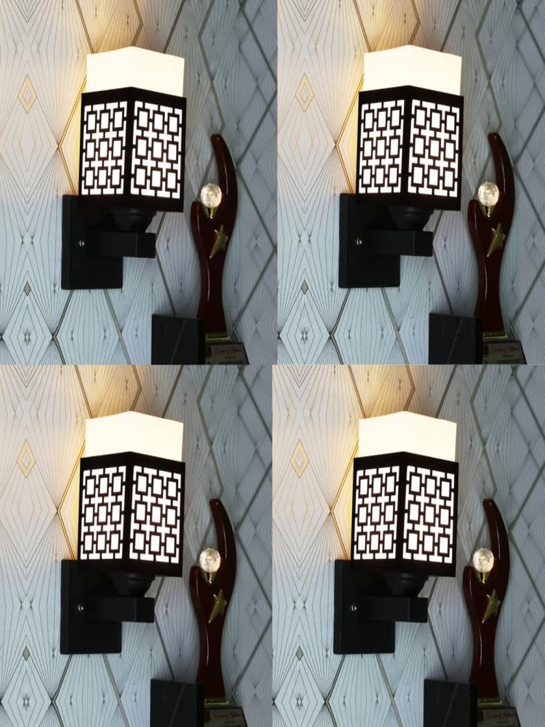 

Gojeeva Black & White 4 Pieces Textured Wooden Square Shaped Wall Lamps
