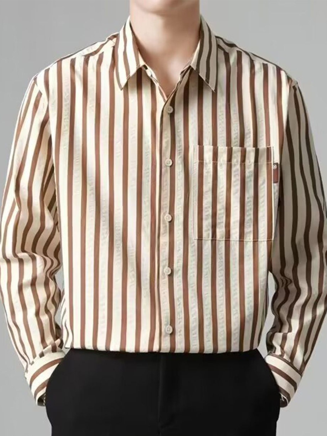 

Mast & Harbour Men Opaque Striped Casual Shirt, Brown