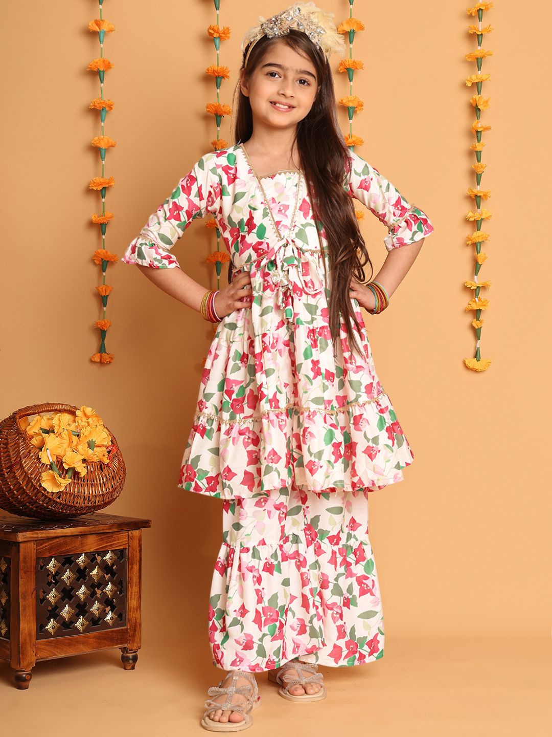 

Little Zing Girls Floral Printed Gotta Patti Kurta with Sharara, Off white