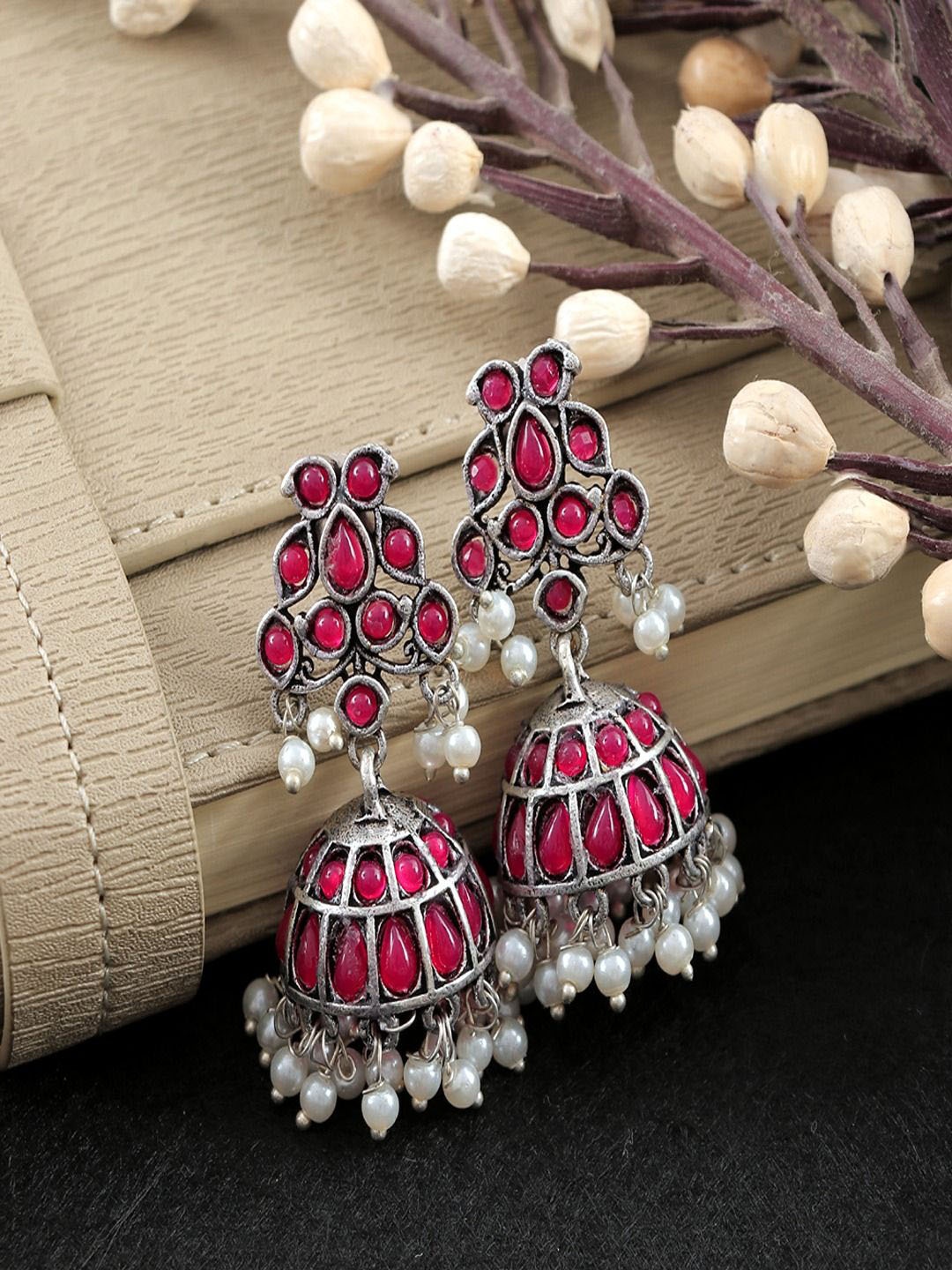 

Sangria Silver-plated Crystal Studded & Beaded Dome Shaped Oxidised Jhumkas