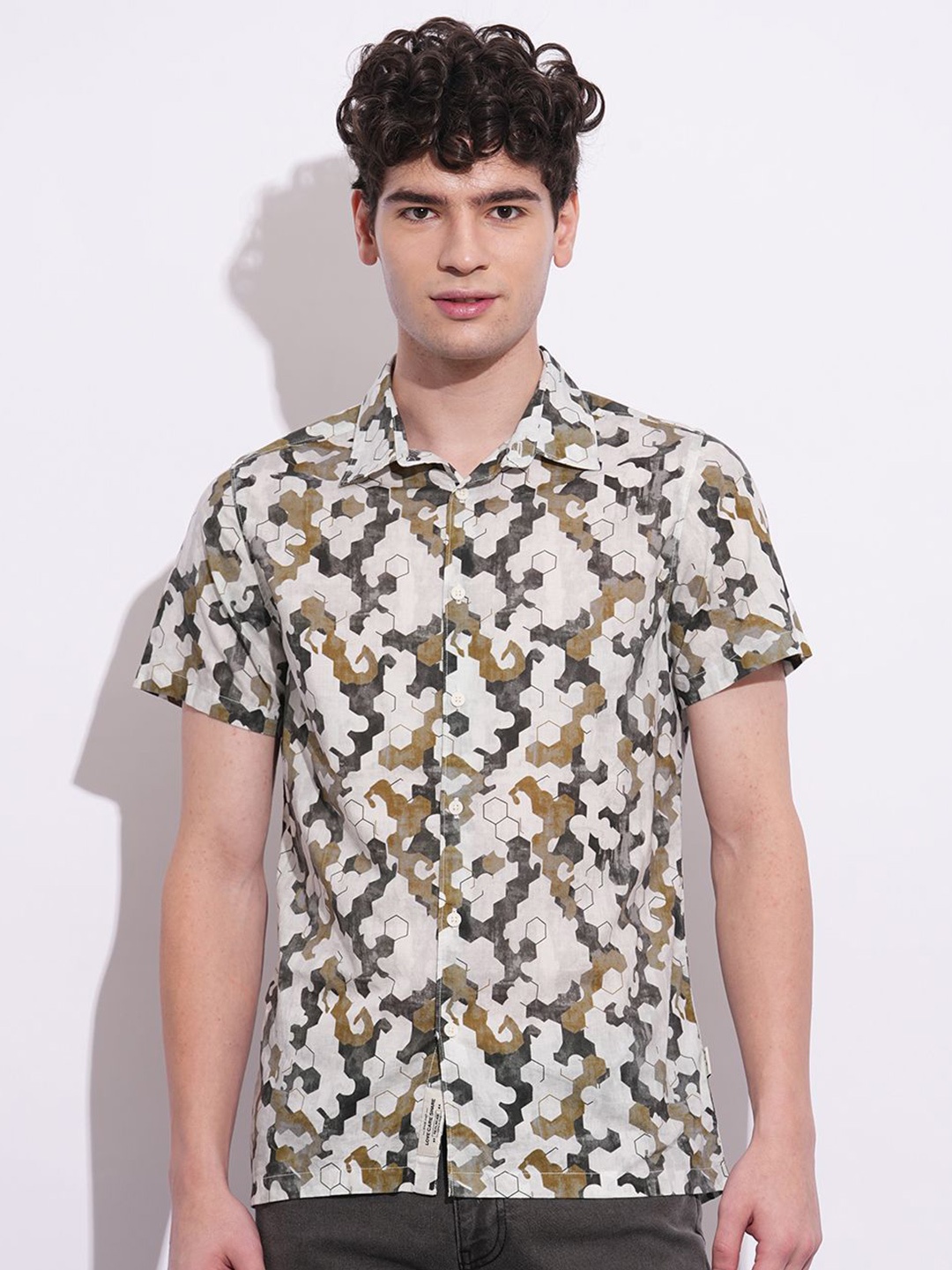 

Being Human Men Classic Slim Fit Opaque Printed Casual Shirt, Olive