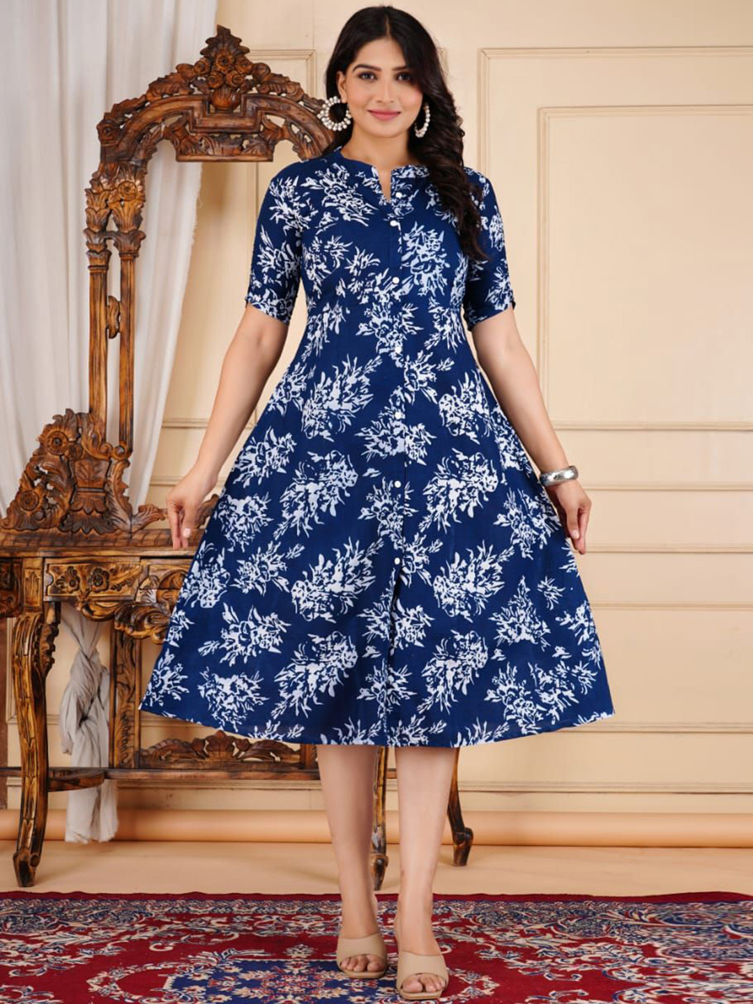 

Divsy Fashion Floral Printed Shirt Collar A-Line Cotton Kurta, Navy blue