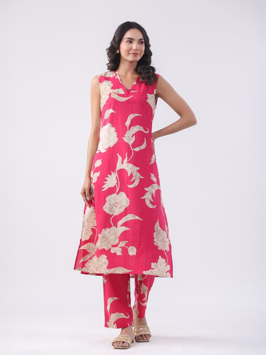 

JISORA Printed V-Neck Pure Cotton Tunic With Trousers Co-Ords Set, Pink