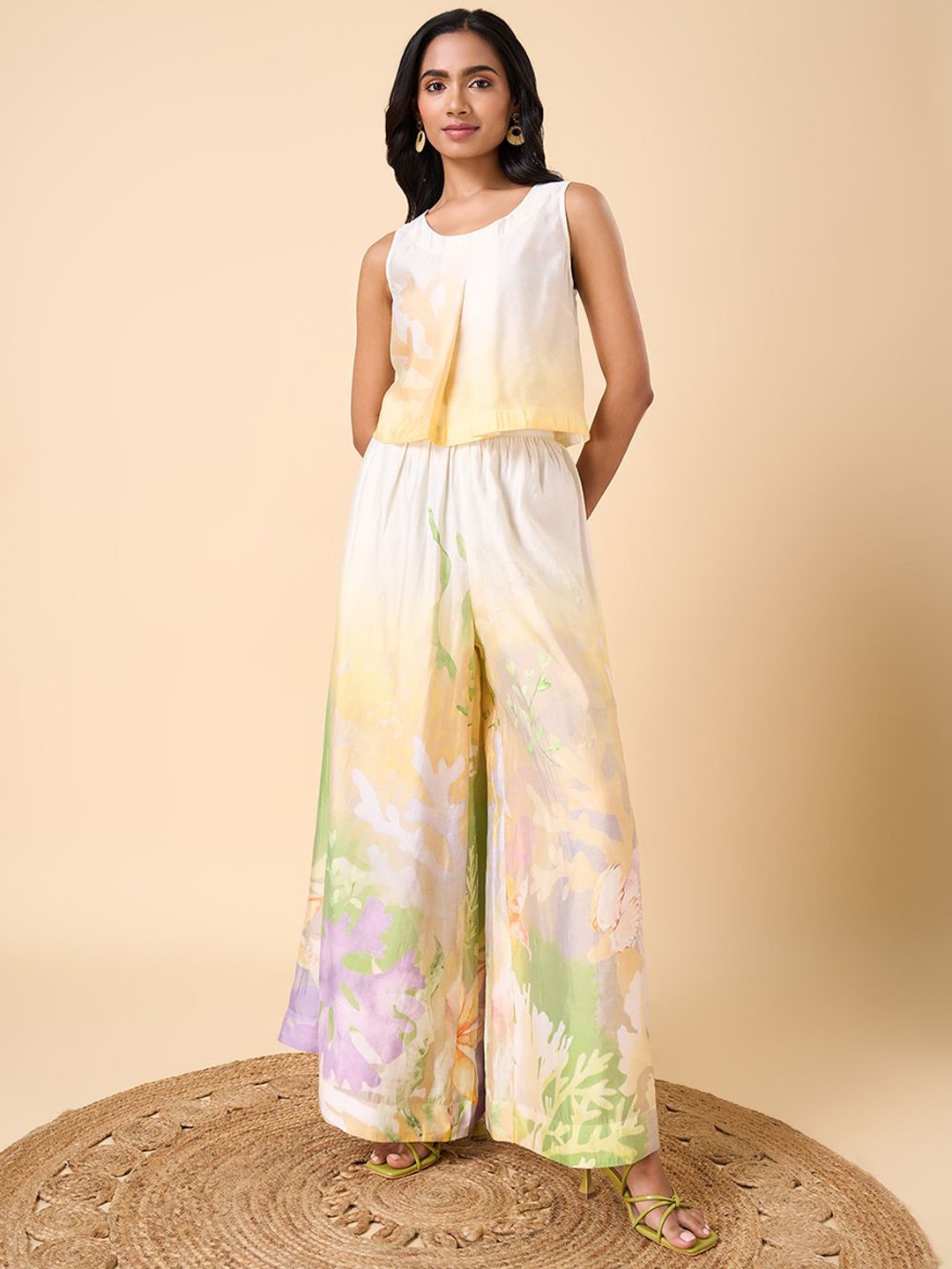 

Marigold Lane Floral Printed Round Neck Sleeveless Top With Palazzo, White