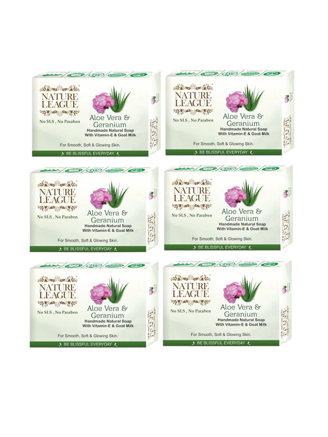 

NATURE LEAGUE Set Of 6 Aloe Vera & Geranium Soap For Nourishing With Vitamin E 100 g Each, Green
