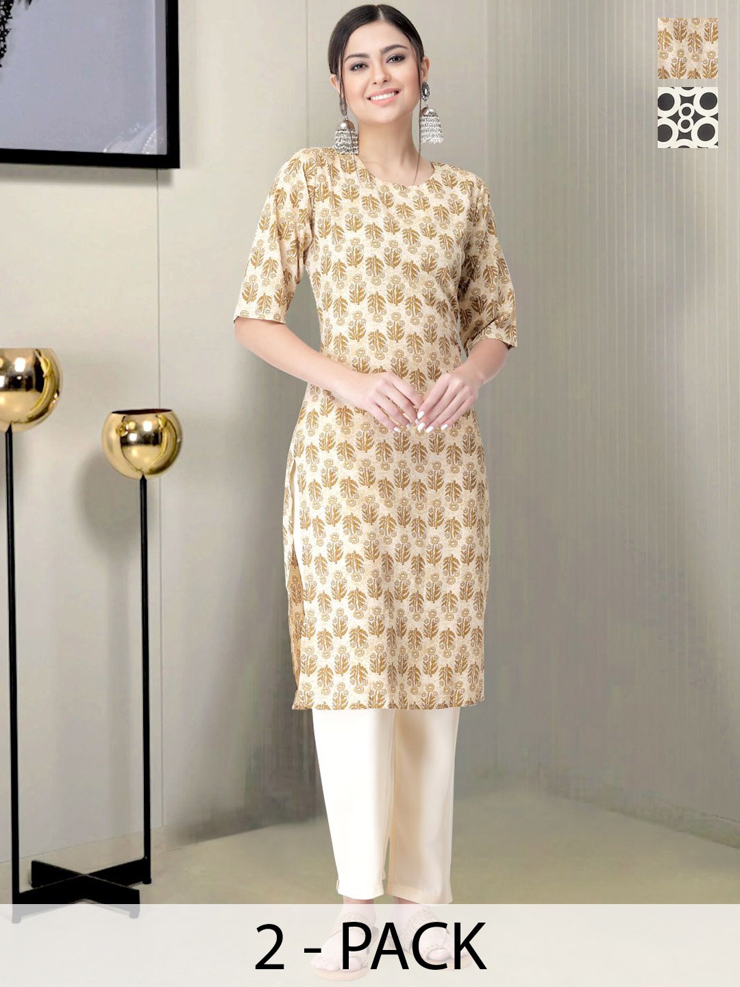 

Moda Rapido Selection Of 2 Floral Printed Round Neck Straight Kurtas With Trousers, Beige