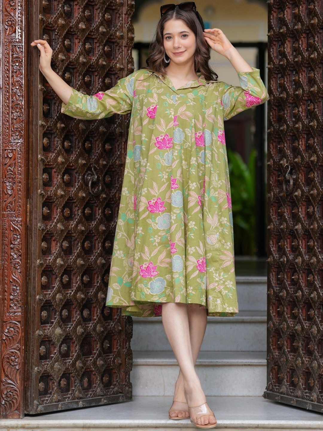 

Jollity Floral Printed Shirt Collar Three-Quarter Sleeves A-Line Ethnic Dress, Green