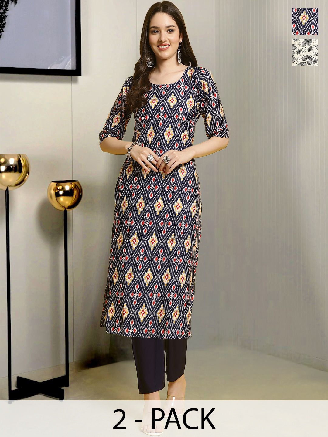 

Moda Rapido Selection Of 2 Geometric Printed Round Neck Straight Kurtas With Trousers, Navy blue