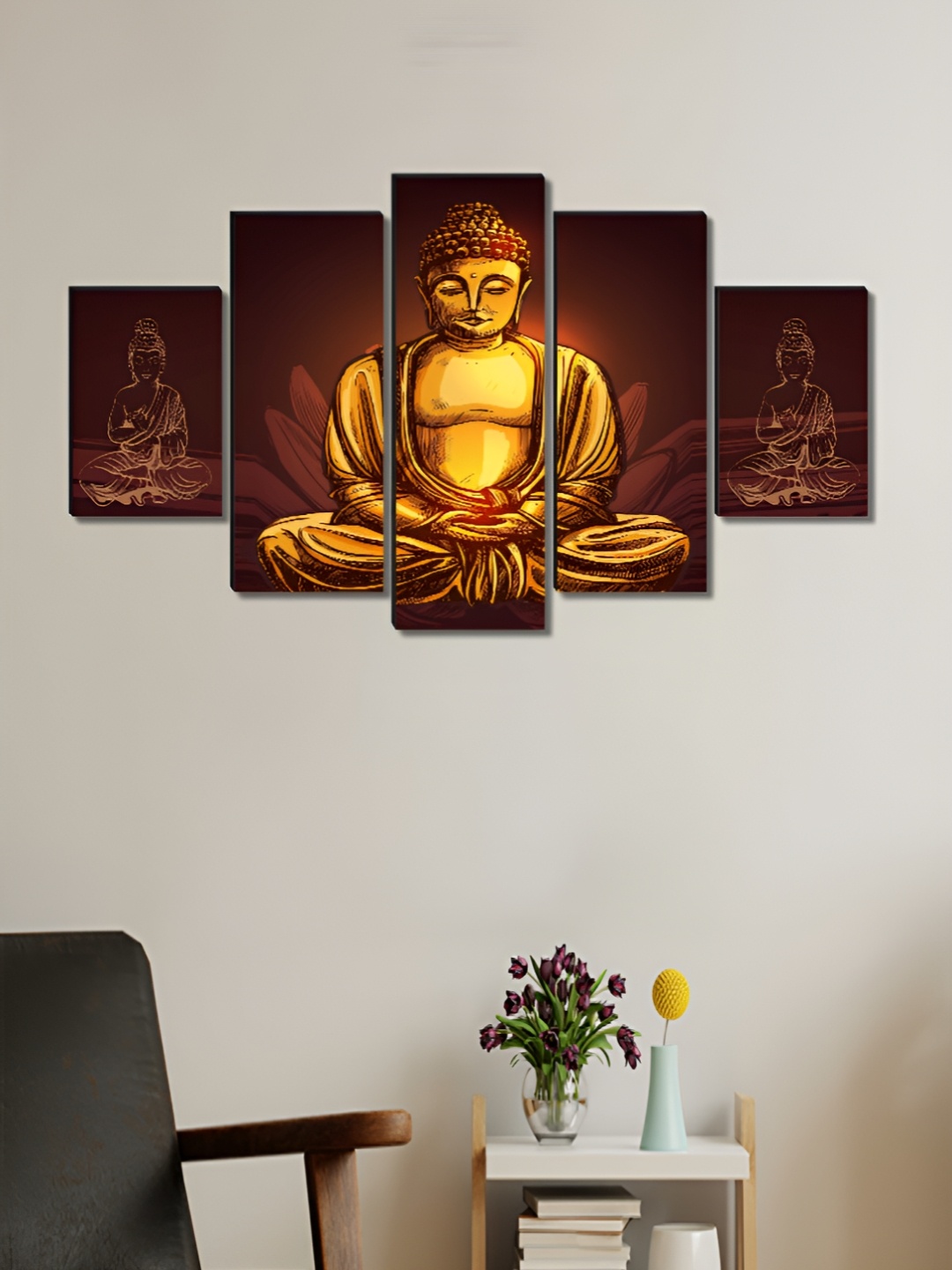 

Aura Brown & Yellow 5 Pieces Buddha Canvas Religious Paintings Wall Arts