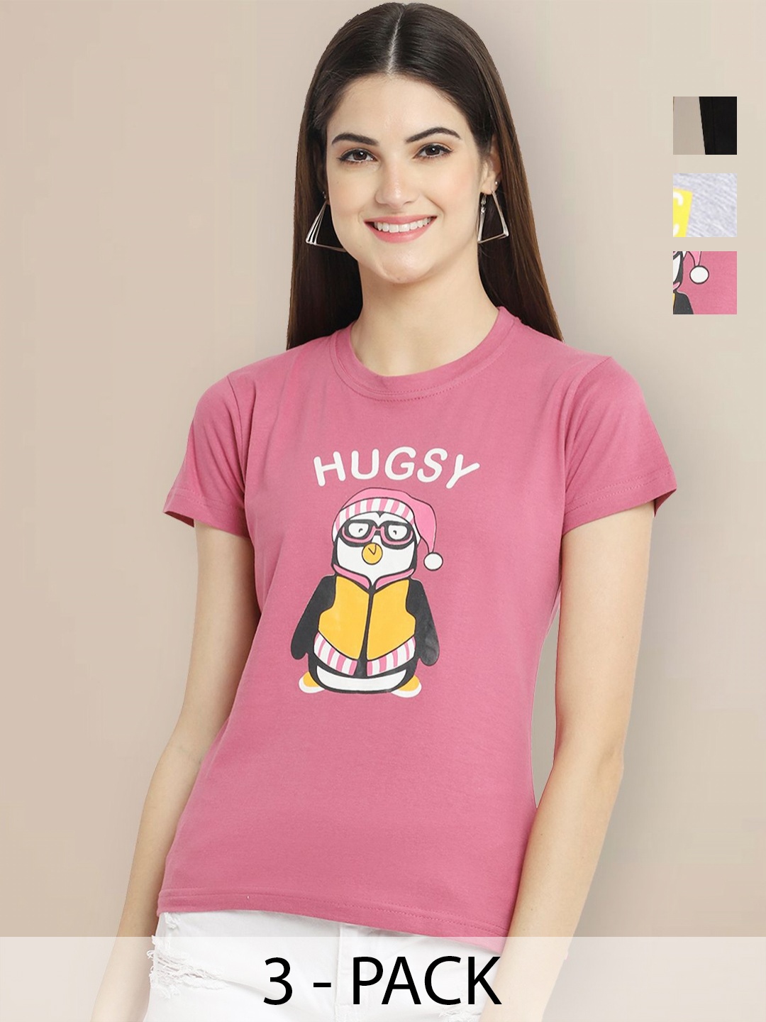 

Metronaut Women Pack of 3 Graphic Printed Round Neck Cotton T-shirts, Pink