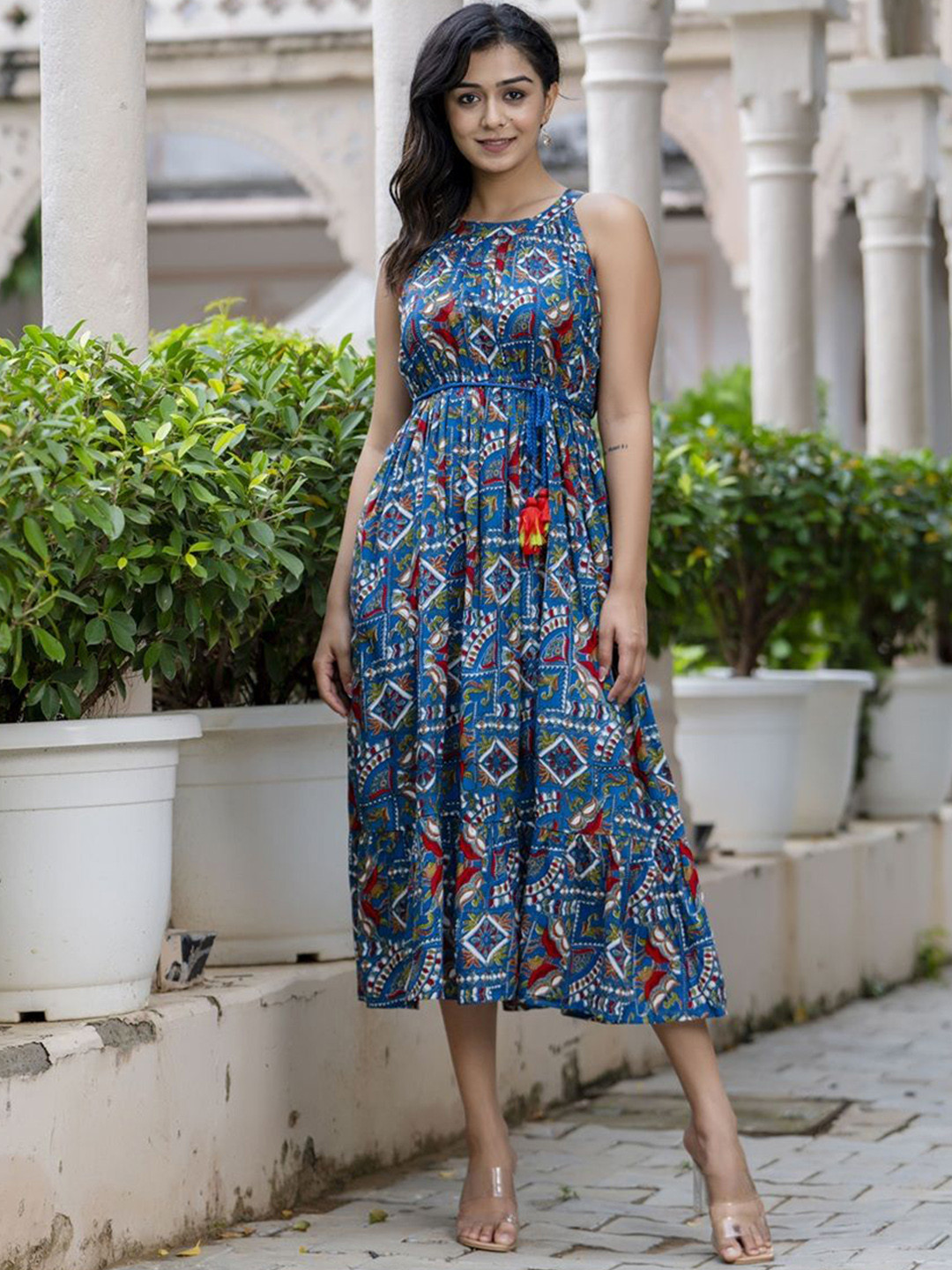 

Jollity Ethnic Motifs Printed Round Neck Sleeveless Fit & Flare Ethnic Dress, Blue