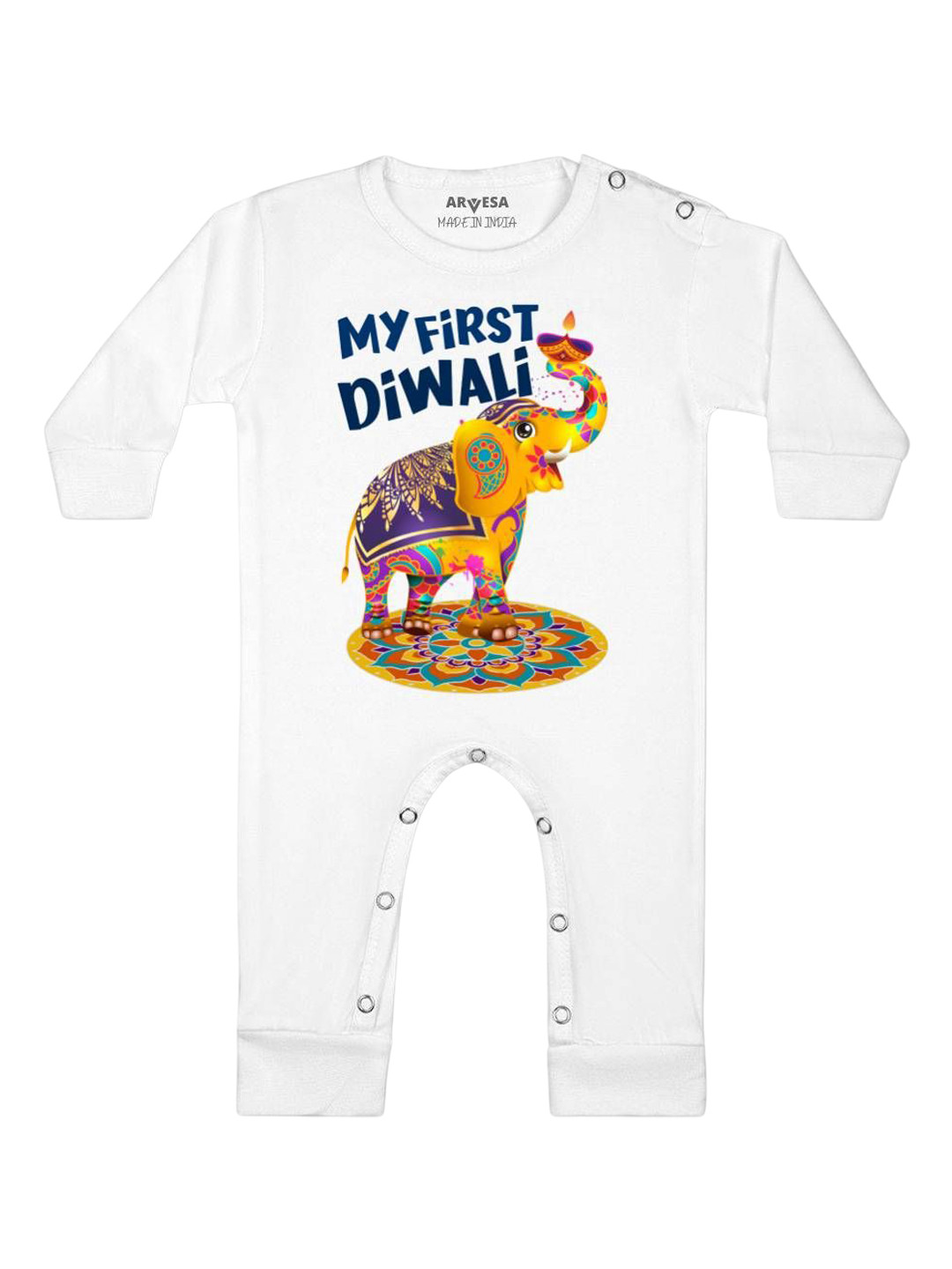 

Arvesa First Diwali Printed Baby Romper, White