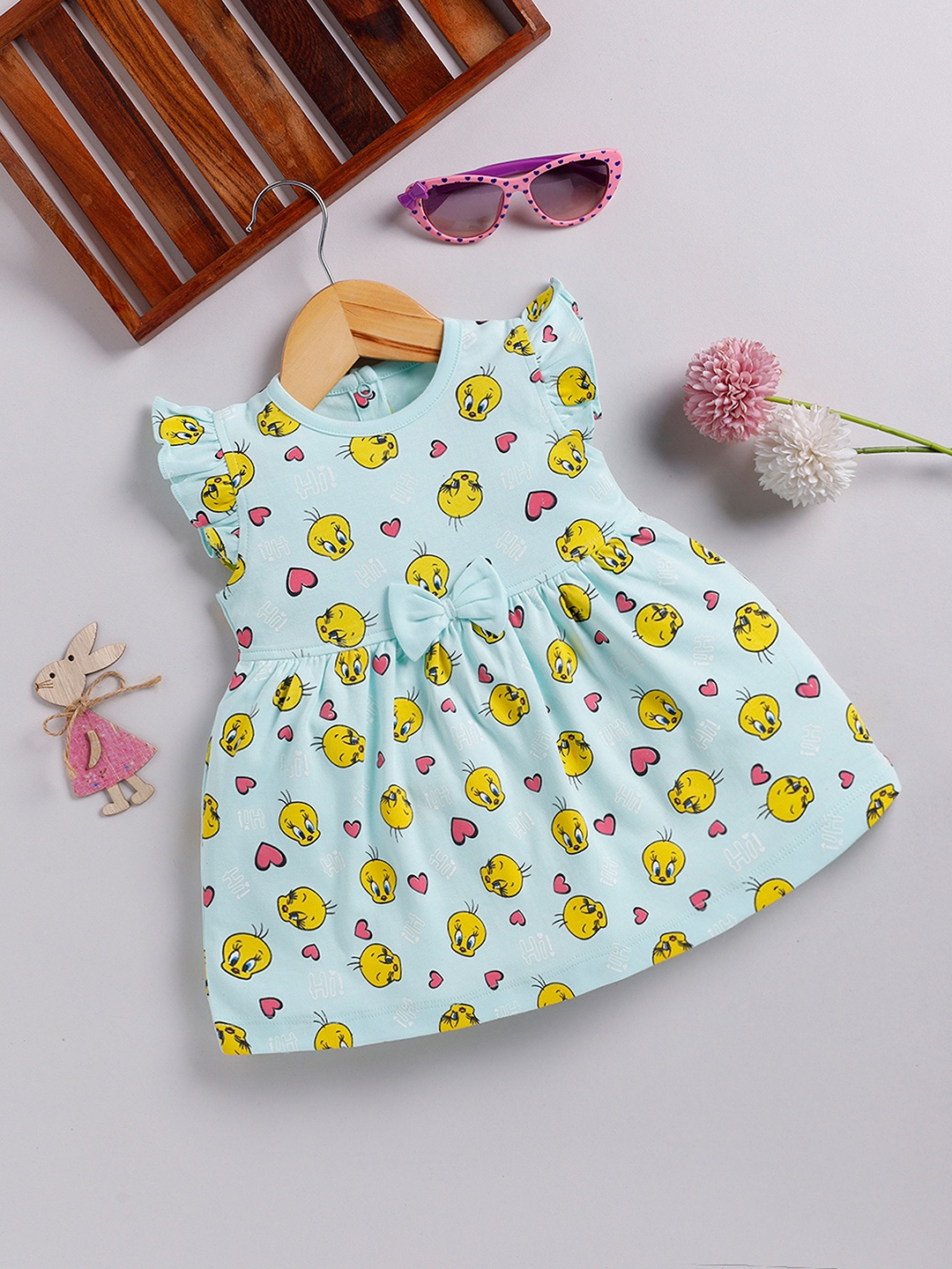 

YK X Tinyo Printed Flutter Sleeve Fit & Flare Dress, Sea green