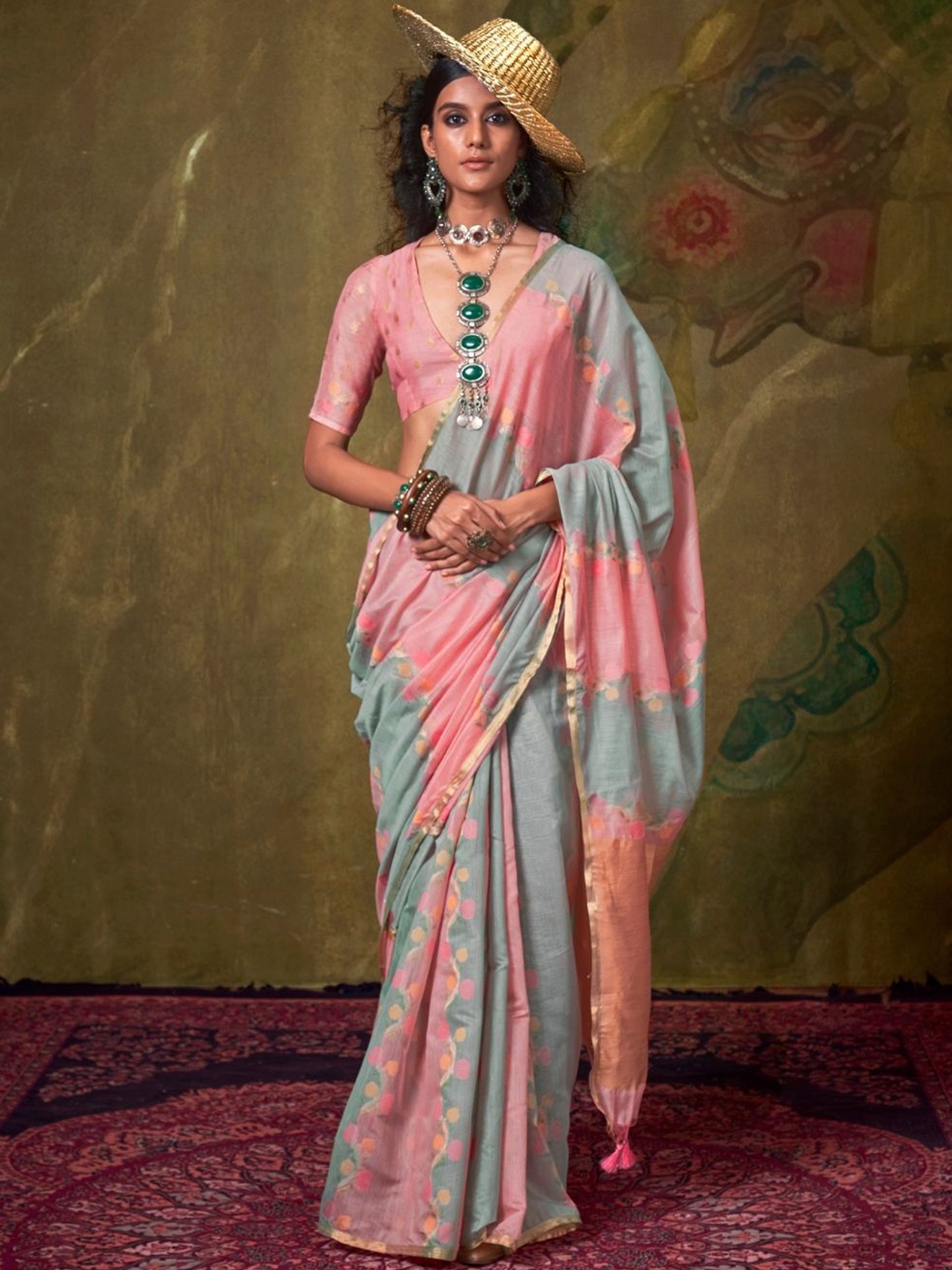 

PEENGAX Woven Design Zari Chanderi Saree, Pink