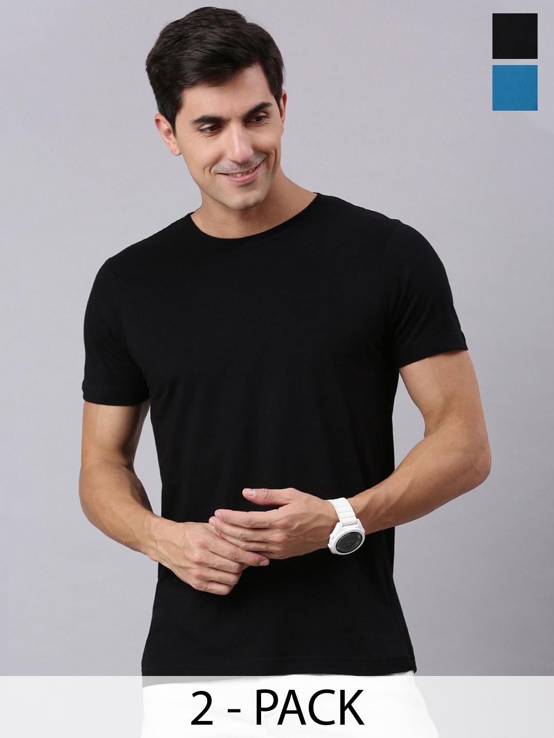 

Mast & Harbour Pack Of 2 Solid Cotton Round Neck T-shirts, Blue