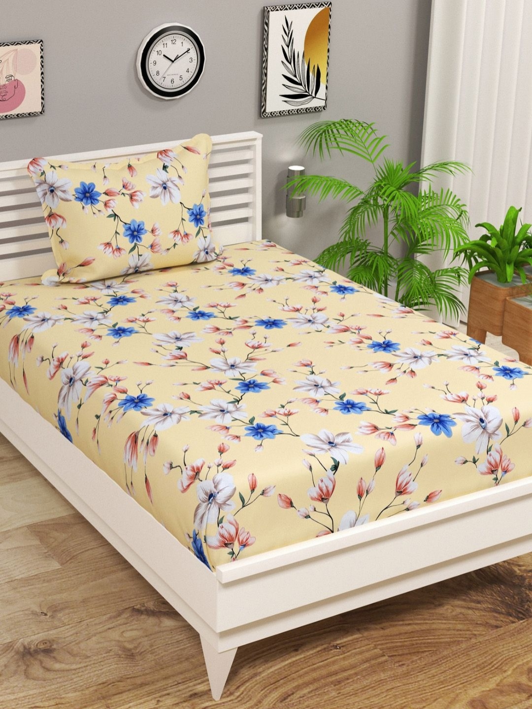 

bsb home Valancia Beige Floral Printed Microfiber 210 TC Single Bedsheet Set 2.28 x 1.52 m