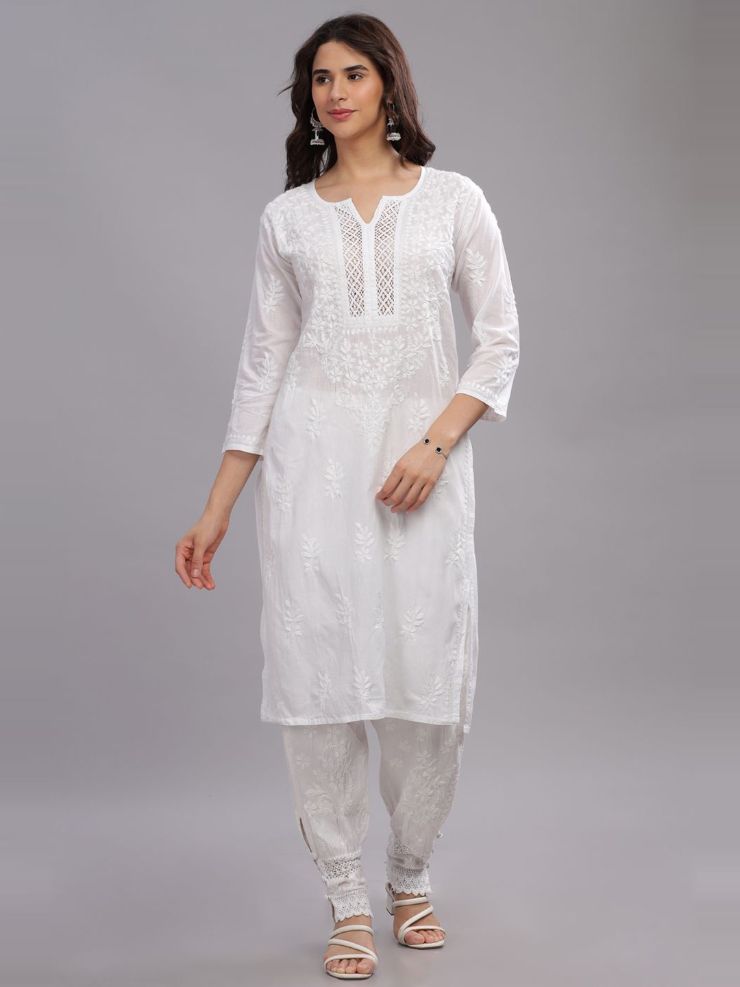 

Club Loom Floral Embroidered Boat Neck Chikankari Pure Cotton Handloom Chikankari Kurti, White