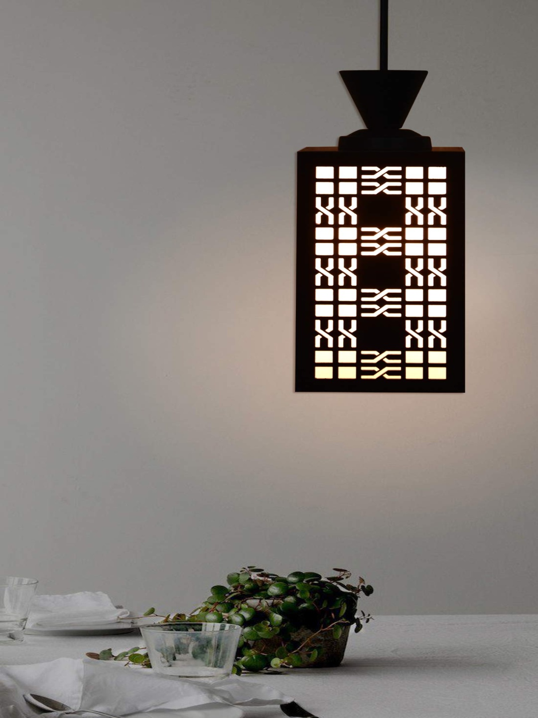 

Gojeeva Black & White Textured Contemporary Wooden Rectangle Shaped Hanging Lamp