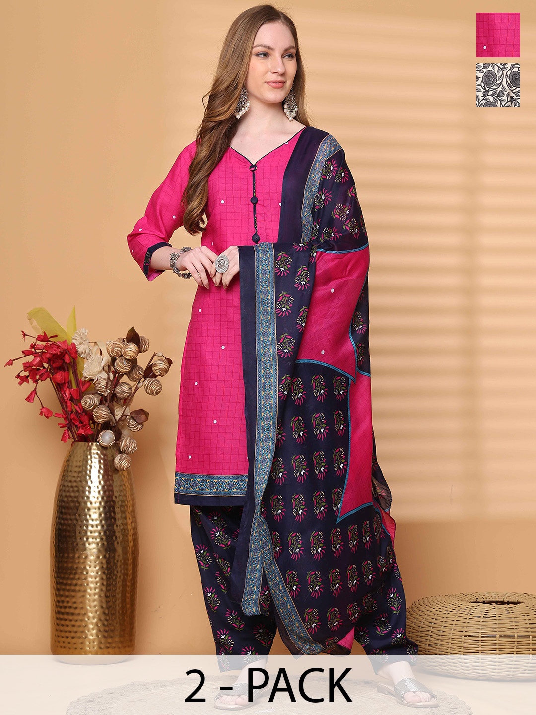 

Rajnandini Selection Of 2 Geomteric Printed V Neck Straight Kurtas With Salwars & Dupattas, Pink