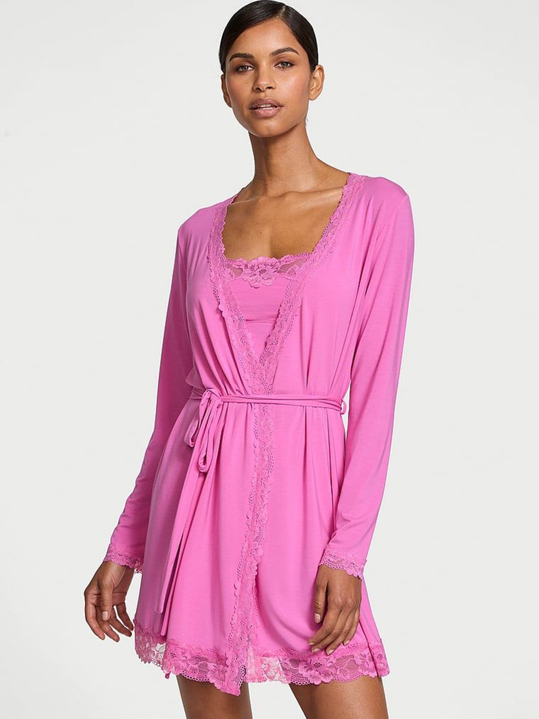 

Victoria's Secret V-Neck Lace-Trim Wrap Robe, Pink