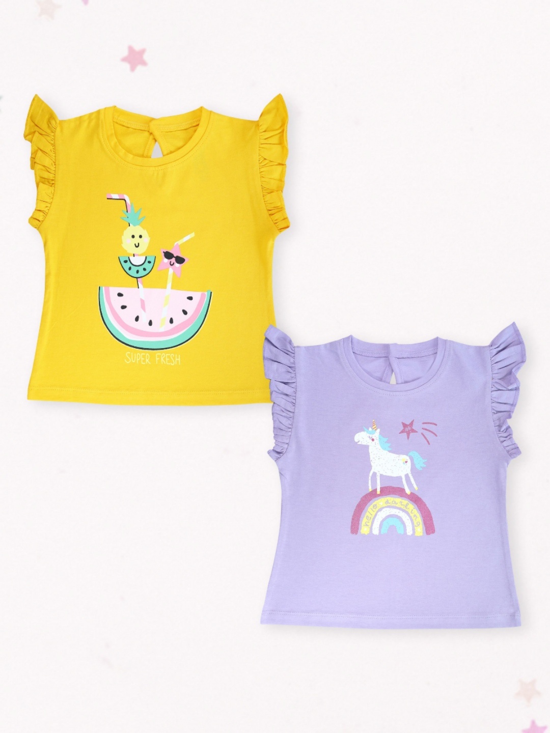 

Miss & Chief Girls 2 Printed Petal Sleeves Pure Cotton Applique T-shirt, Multi