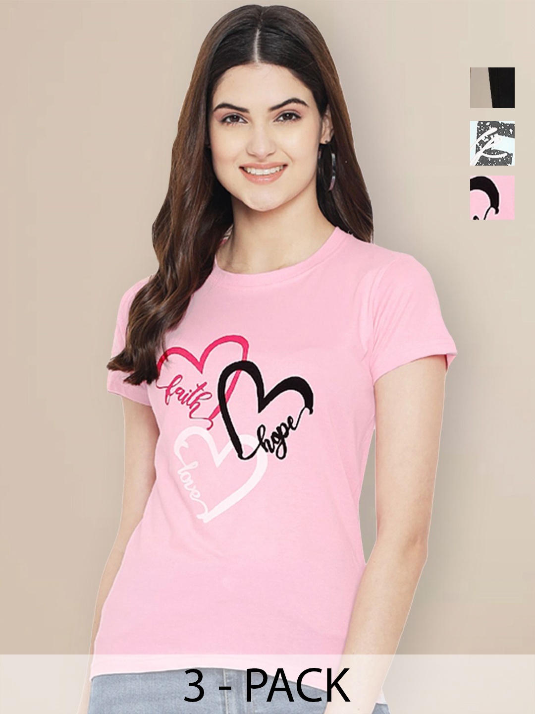 

Metronaut Women Pack of 3 Graphic Printed Round Neck Cotton T-shirts, Pink