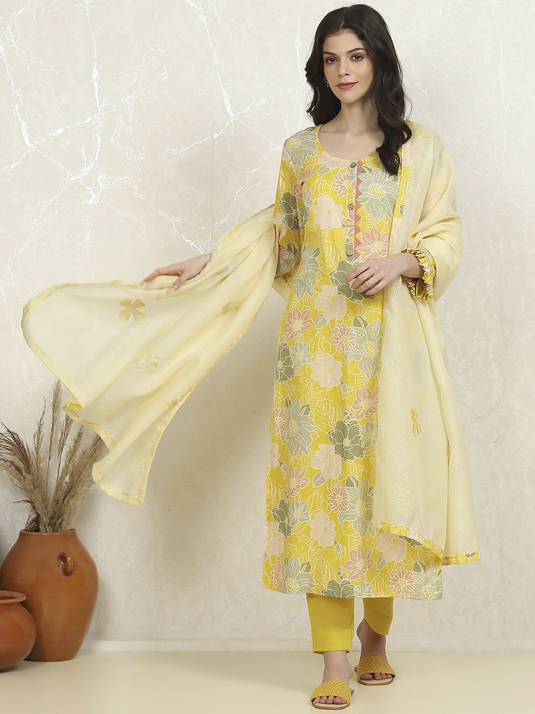 

BibaFloral Printed Pure Cotton Unstitched Dress Material, Yellow