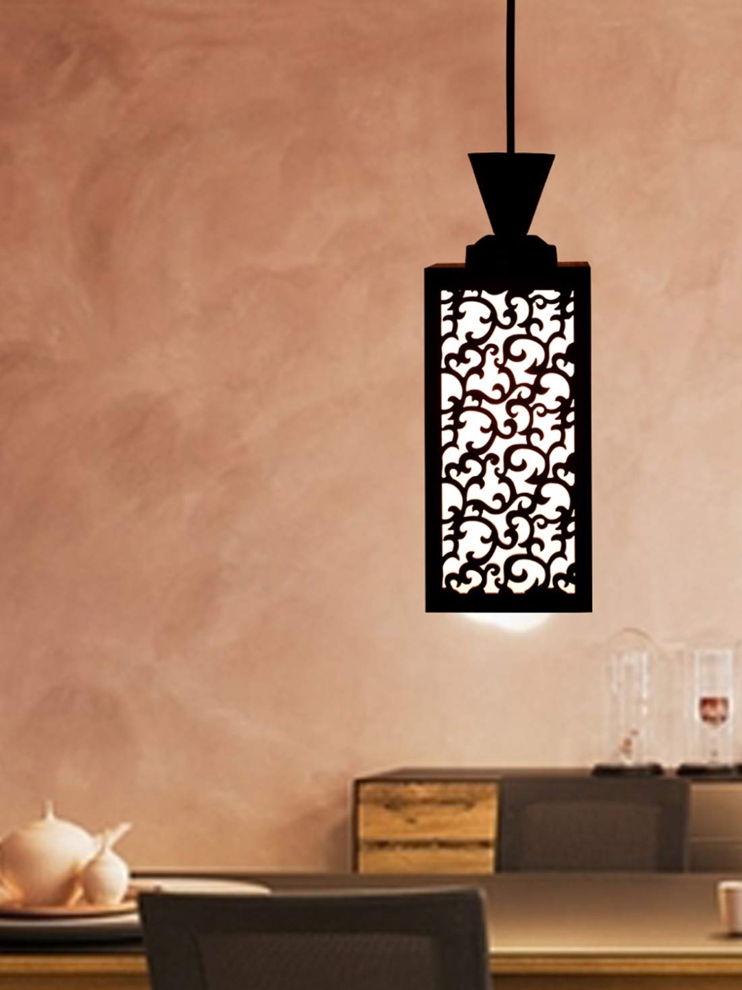 

Gojeeva Black & White Textured Rectangle Shaped Wooden Hanging Wall Lamp