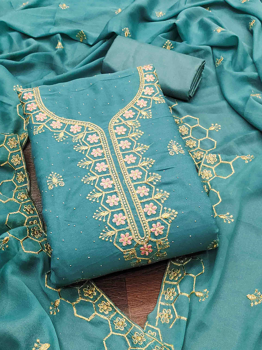 

Blissta Embroidered Unstitched Dress Material, Turquoise blue