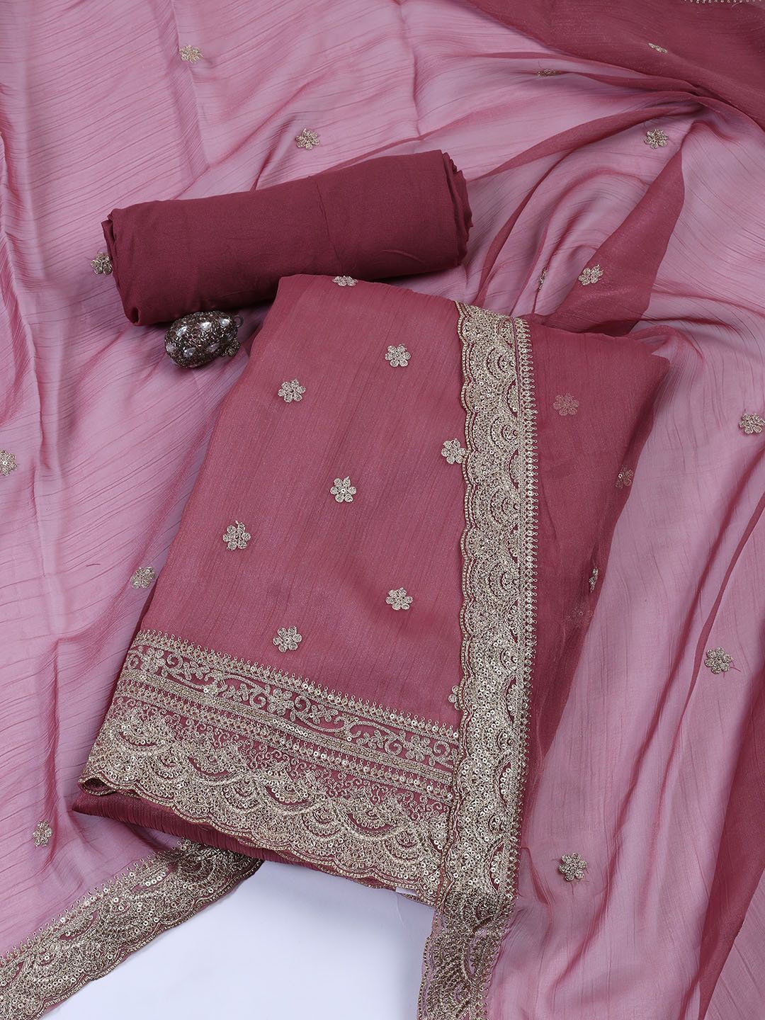 

Meena Bazaar Floral Embroidered Sequinned Tissue Unstitched Dress Material, Pink