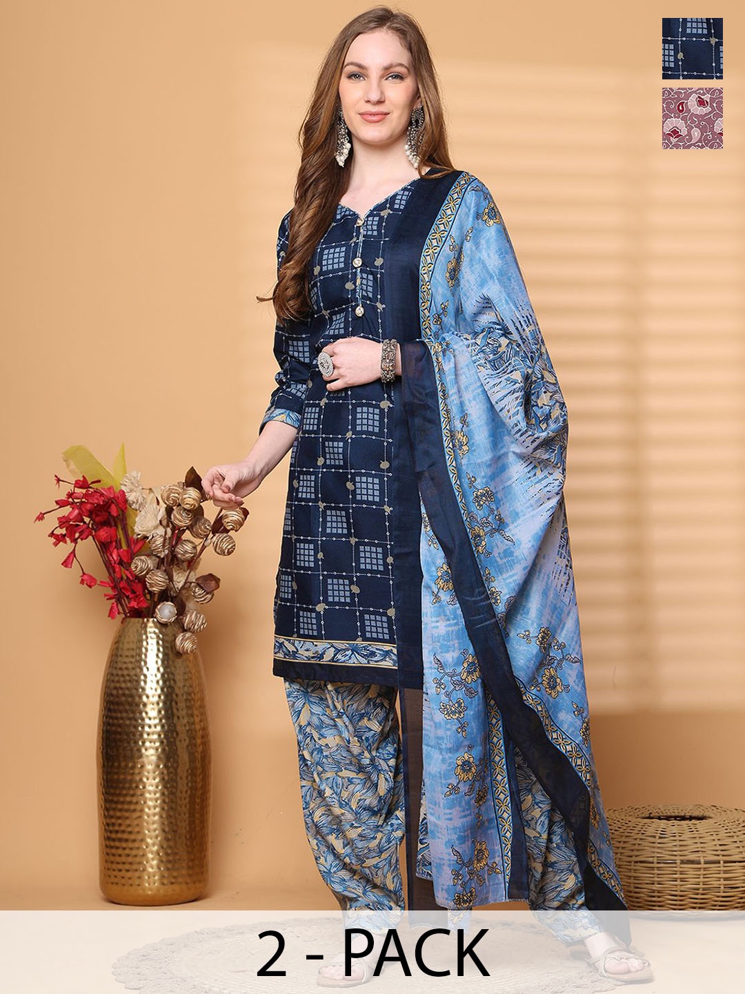 

Rajnandini Selection Of 2 Geometric Printed V-Neck Straight Kurtas With Salwars & Dupattas, Blue