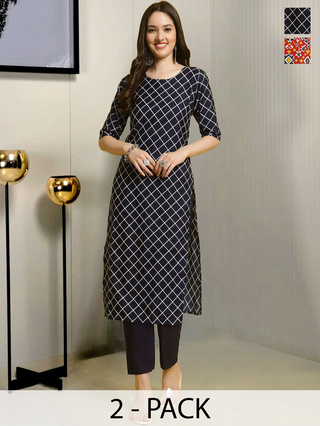 

Moda Rapido Selection Of 2 Geometric Printed Round Neck Straight Kurtas With Trousers, White