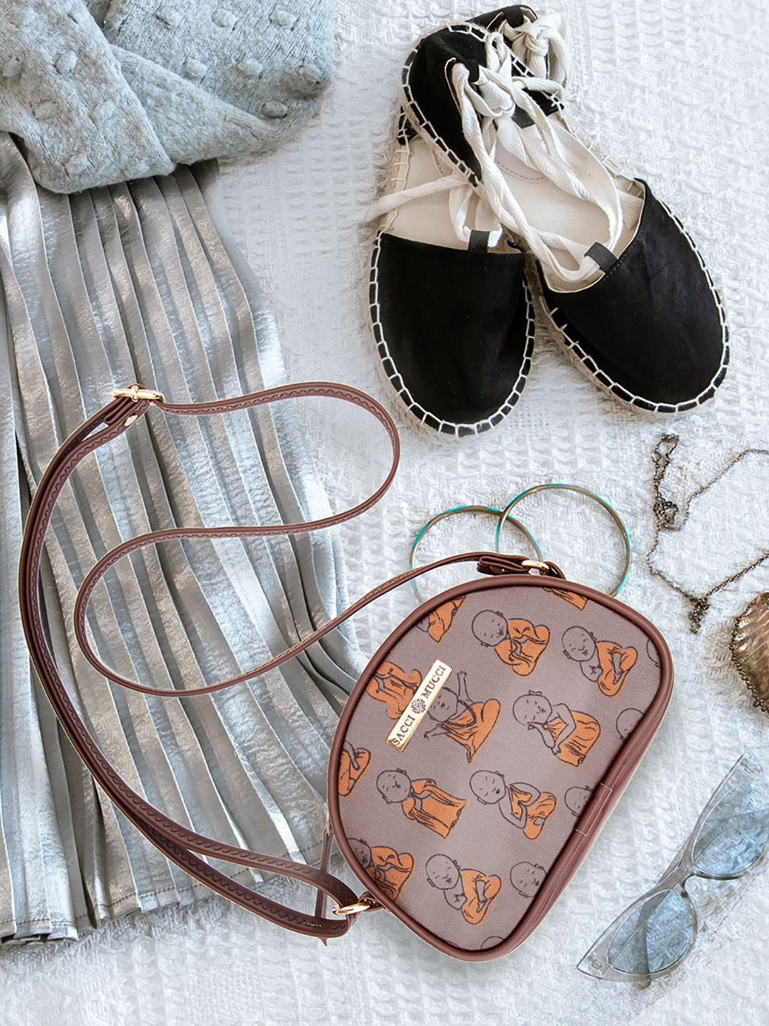 

Sacci Mucci Floral Printed Sling Bag with Fringed, Brown