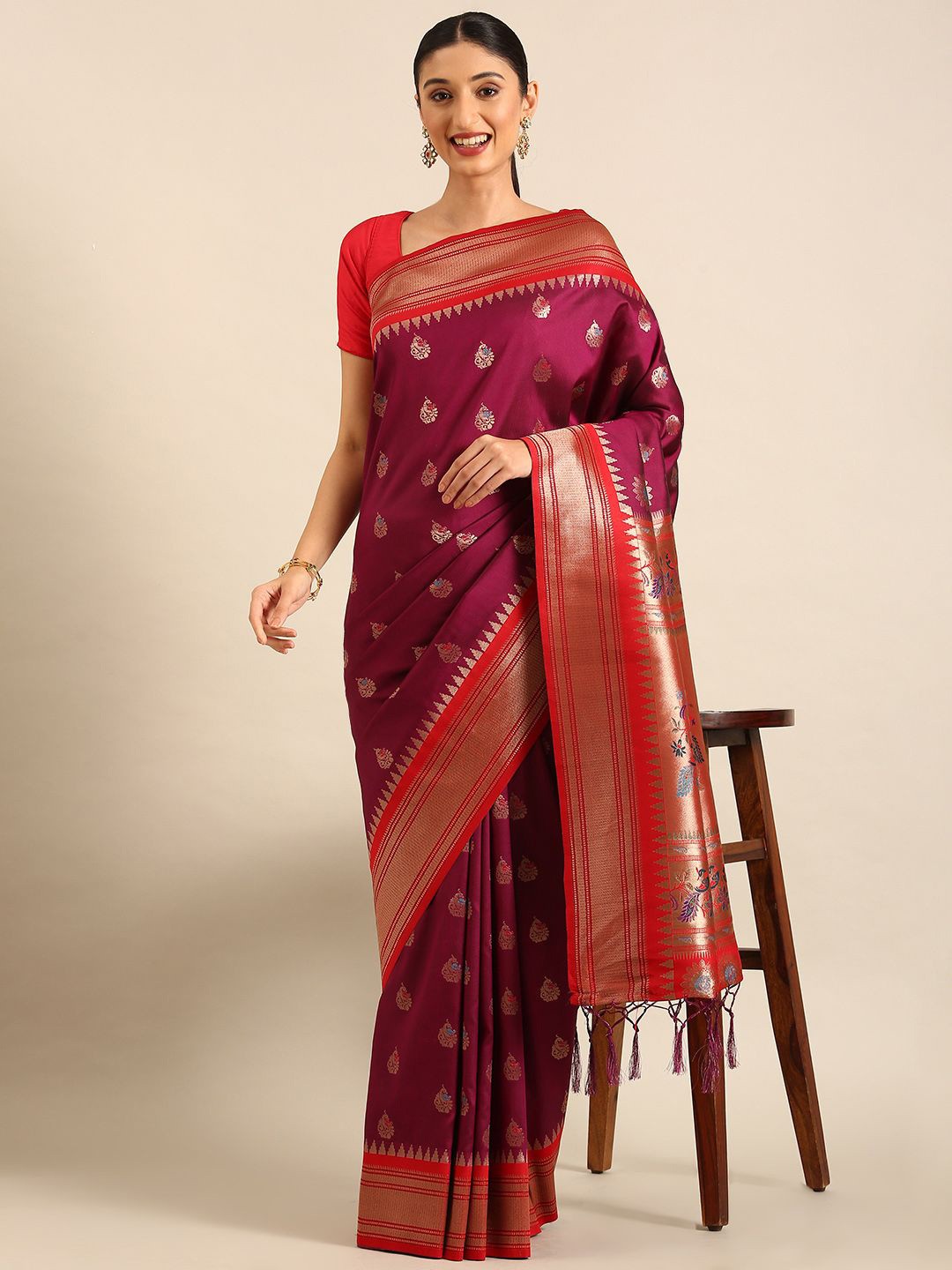 

DIVASTRI Woven Design Zari Silk Blend Paithani Saree, Purple