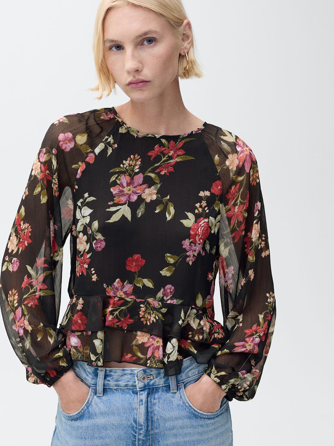 

MANGO Floral Print Extended Sleeves Ruffles Top, Black