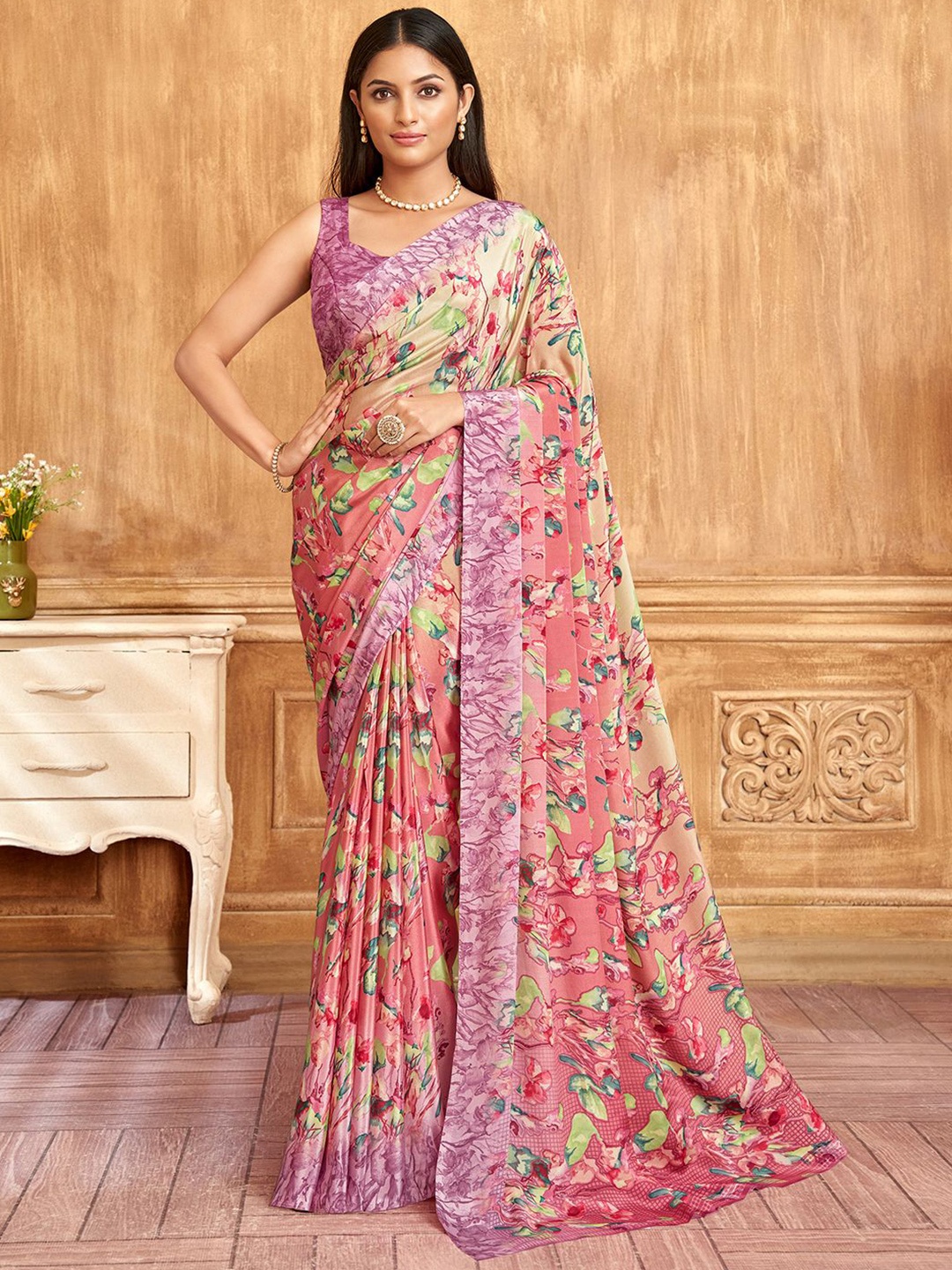 

LeeliPeeri Designer Floral Poly Crepe Saree, Pink