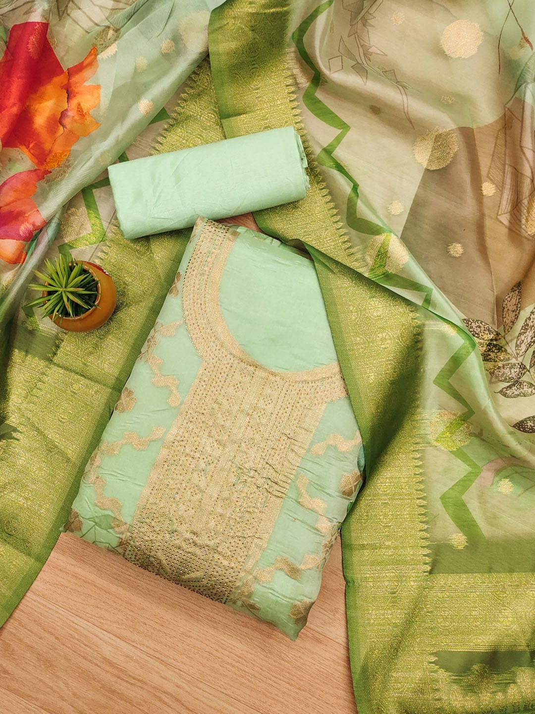 

Rangtulika Ethnics Motifs Printed Unstitched Dress Material, Green