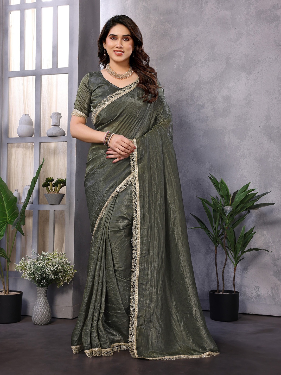 

Moda Rapido Embroidered Pure Silk Saree, Olive