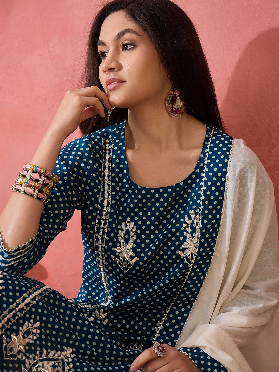 

Sangria Floral Embroidered Pure Cotton Straight Kurta With Trousers & Dupatta, Blue