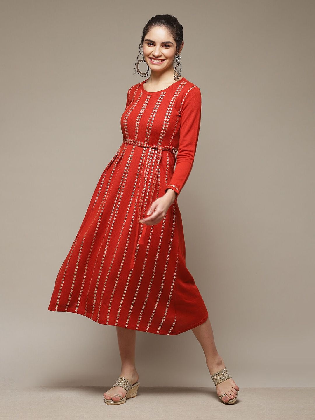 

Rangriti Striped A-Line Midi Dress, Brown