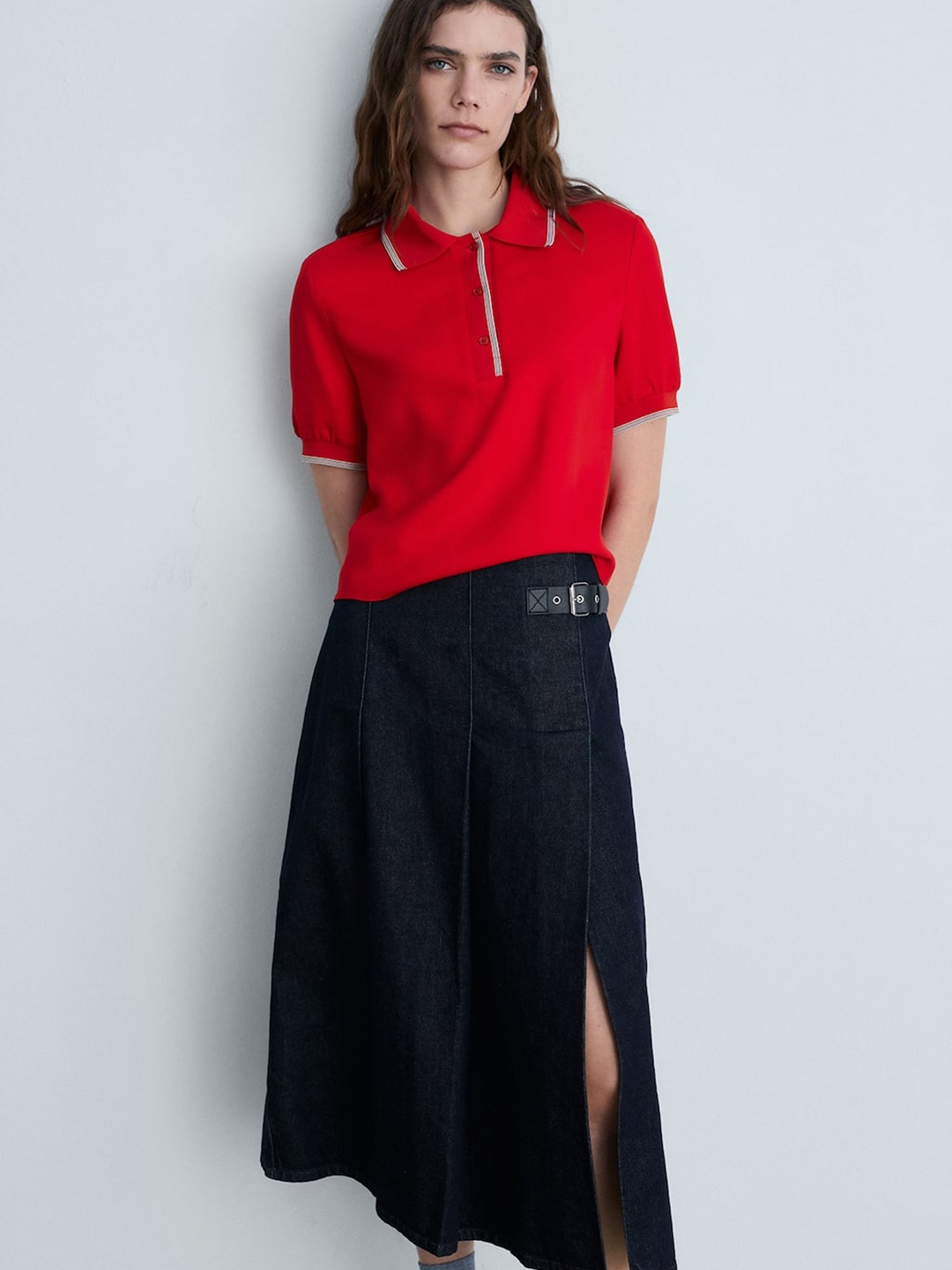 

MANGO Contrast Trims Polo Collar Casual T-shirt, Red