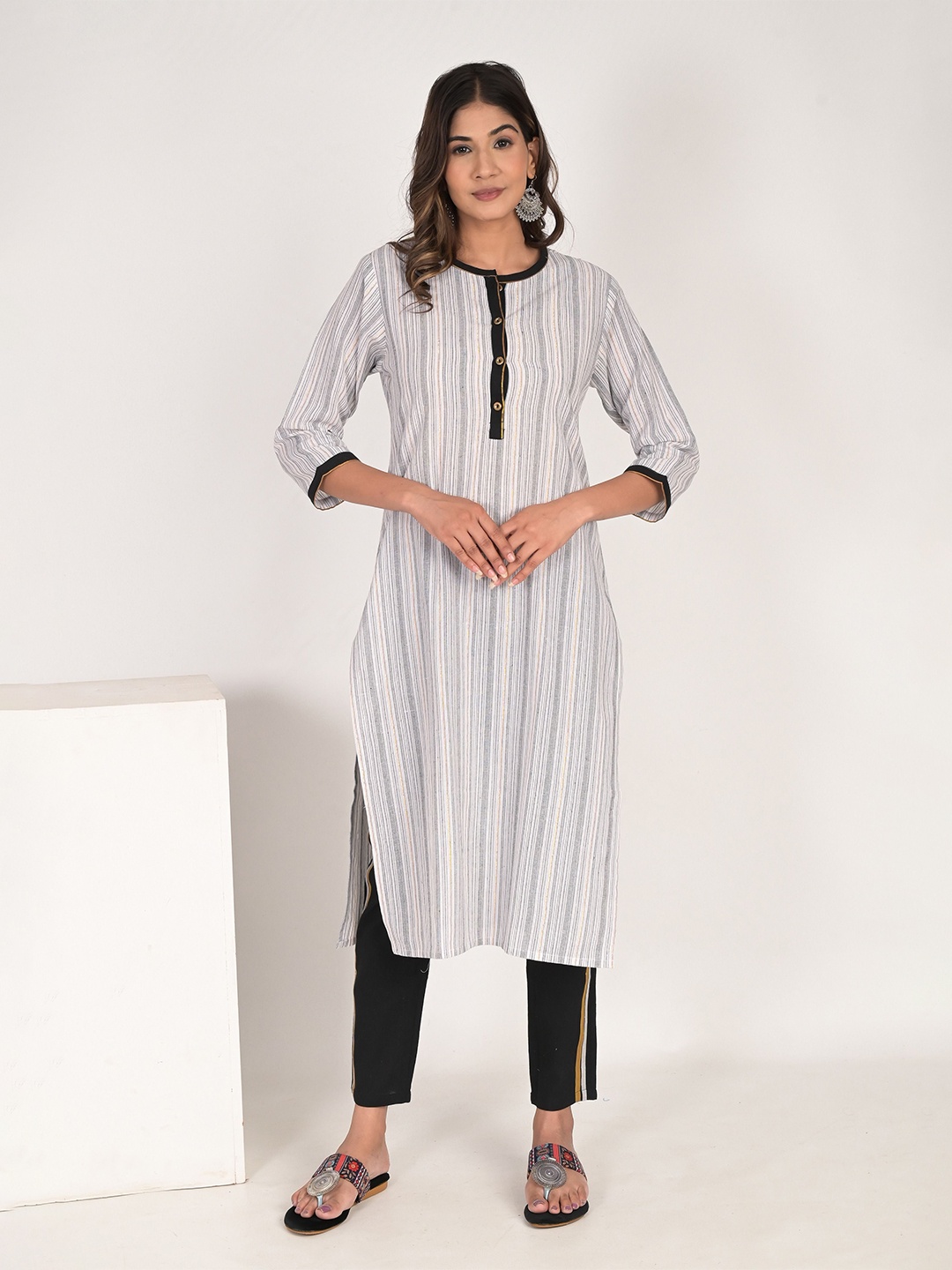 

The Hope Striped Pure Cotton Kurta With Trousers, White