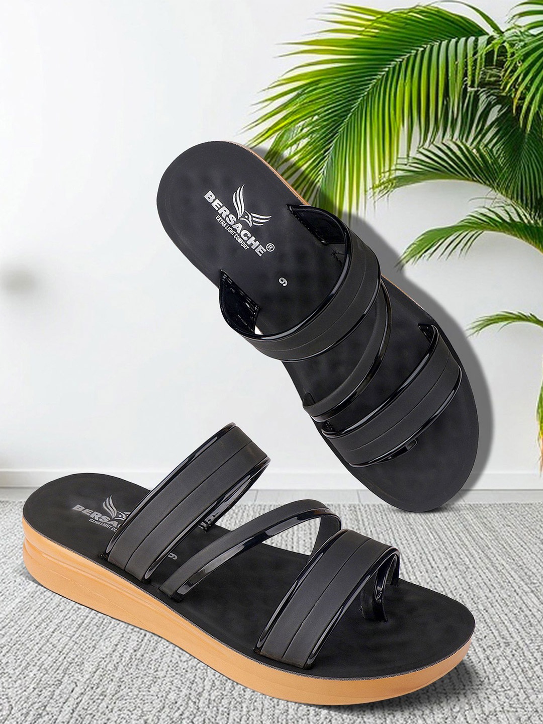 

BERSACHE Set Of 2 Ultra Soft Technology Open Toe Flats, Black