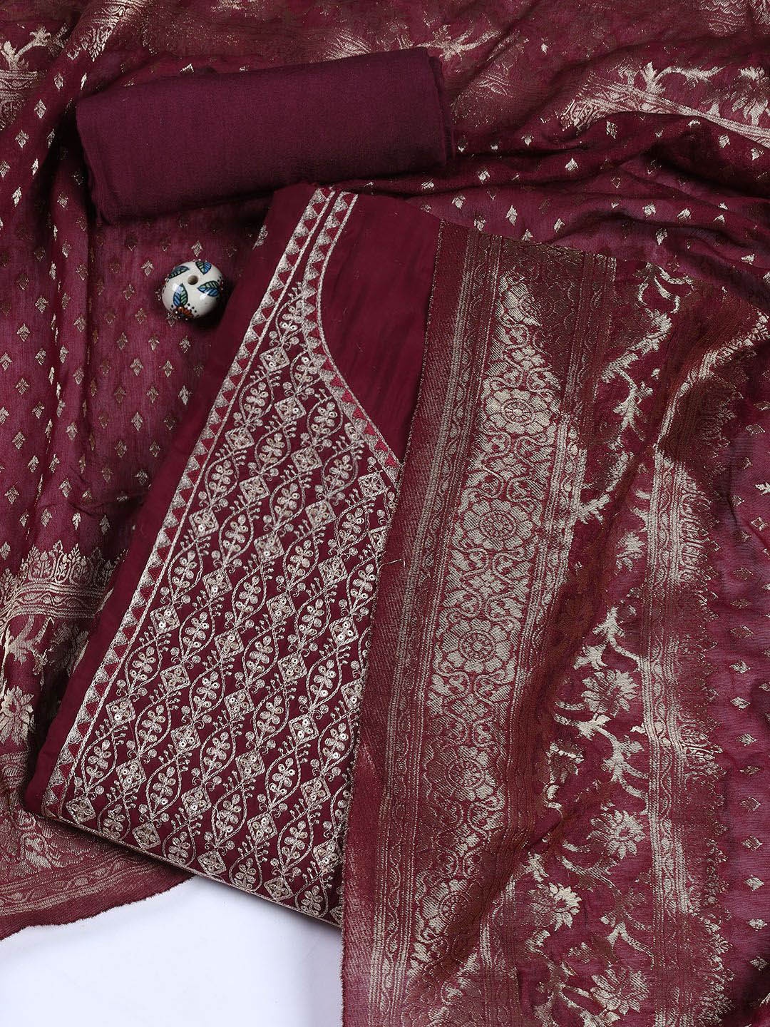 

Meena Bazaar Embroidered Art Silk Unstitched Dress Material, Burgundy